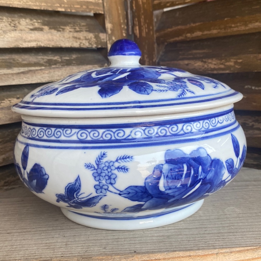 Blue and White Floral Ceramic Lidded Bowl chinoiserie